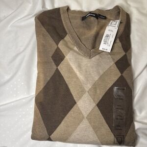 Liz Claiborne Men's Size XXL Long Sleeve Sweater Brown Argyle 100% Cotton